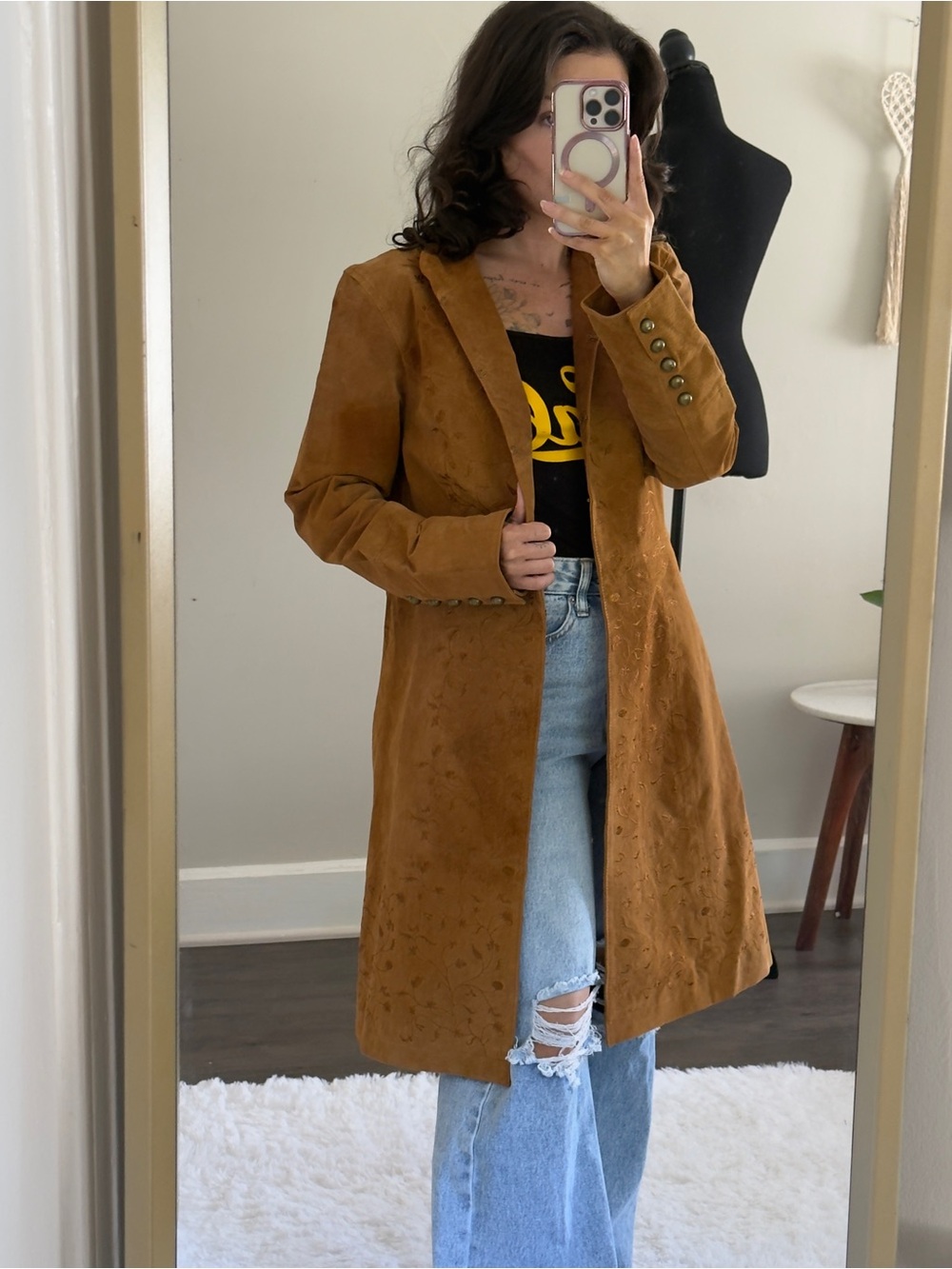 Tan Suede Style Genuine Leather Vintage Womens Jacket with Embroidery details.